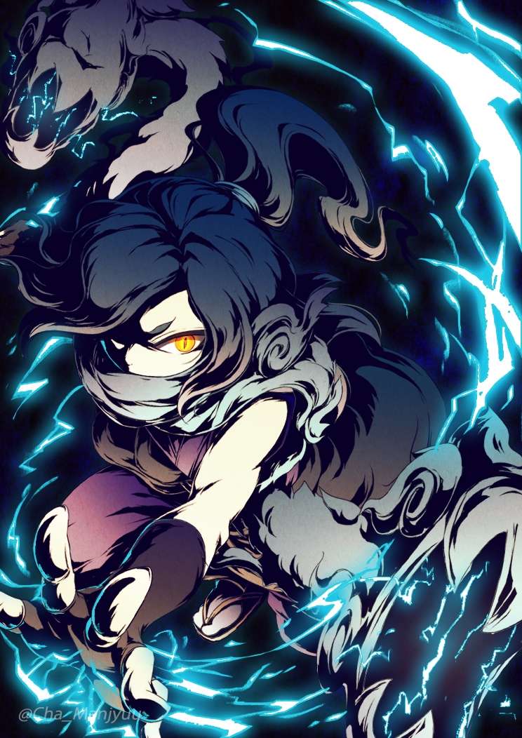 1boy alia_(utouto_days) arms_up artist_name black_gloves black_socks electricity electrokinesis fighting_stance fingerless_gloves foreshortening gloves glowing glowing_eye gradient_hair hair_over_one_eye high_contrast knees_up long_hair male_focus multicolored_hair one_eye_covered open_hand orochi_(youkai_watch) pants ponytail purple_pants purple_shorts sandals scarf serious shorts slit_pupils socks solo squatting yellow_eyes youkai_watch zouri