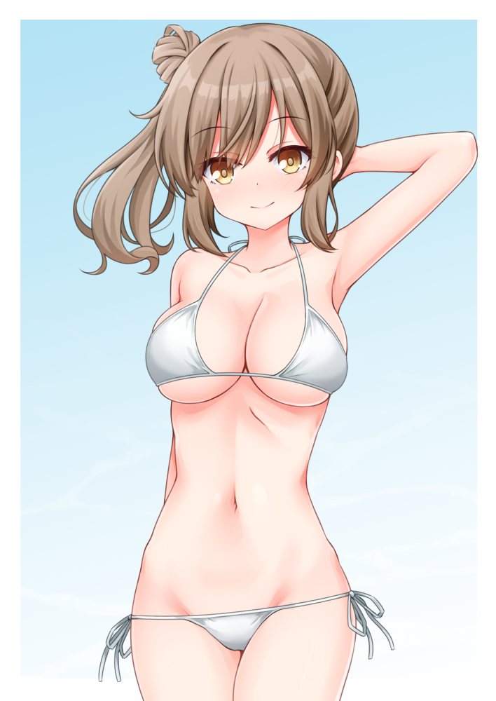 1girl aatsu arm_behind_head bikini blue_background border breasts brown_hair cevio cleavage cowboy_shot gradient_background groin hair_bun halterneck large_breasts long_hair looking_at_viewer navel outside_border satou_sasara side-tie_bikini_bottom side_ponytail single_hair_bun single_side_bun solo swimsuit white_bikini white_border yellow_eyes