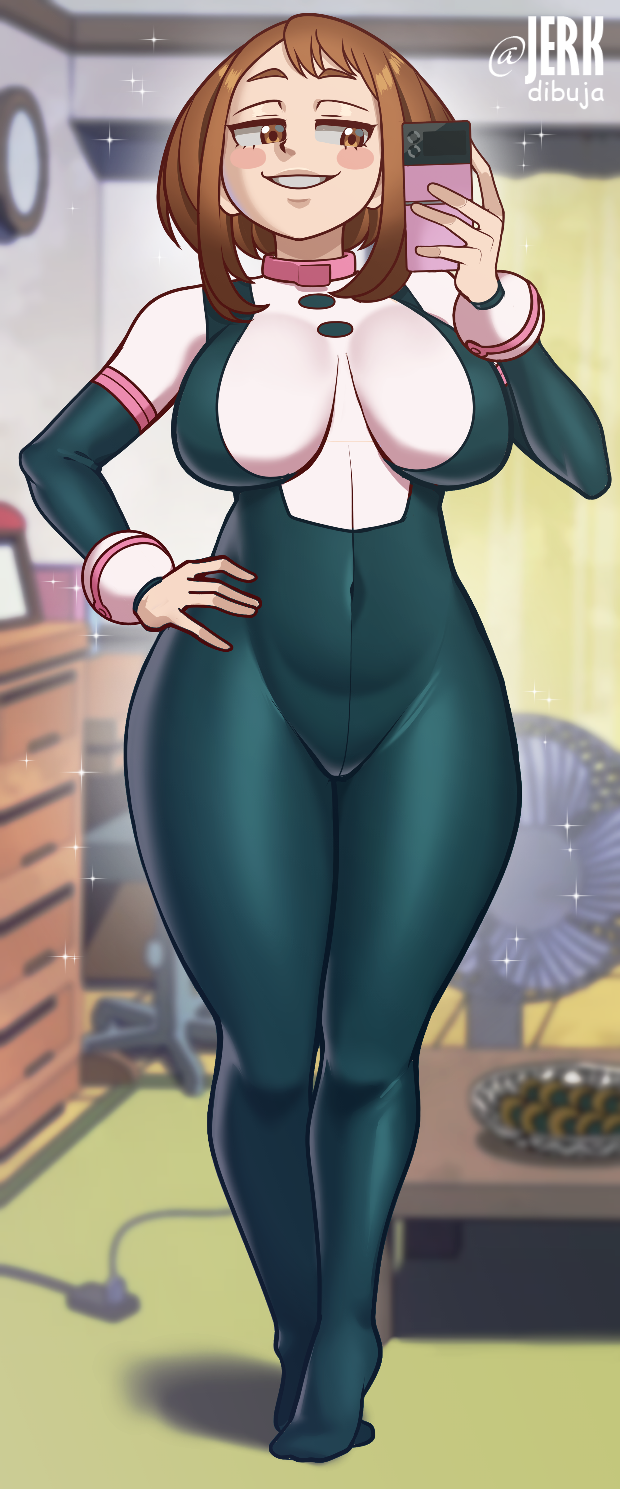 1girl absurdres apervertguy blush bodysuit boku_no_hero_academia breasts brown_eyes brown_hair cellphone full_body hand_on_own_hip highres holding holding_phone jerkdibuja large_breasts phone short_hair skin_tight smile solo spandex standing superhero_costume thick_thighs thighs uraraka_ochako