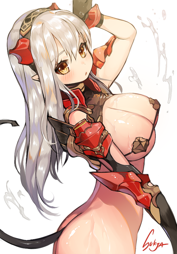 1girl armor artist_name ass bad_id bad_pixiv_id blush breasts brown_eyes female_focus hairband headgear large_breasts long_hair looking_at_viewer open_mouth original pointy_ears silver_hair simple_background solo sukja tail