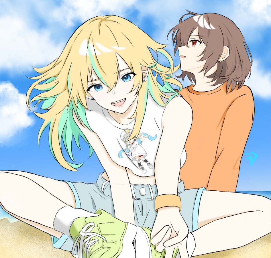 2girls beach blonde_hair blue_eyes blue_shorts bracelet brown_eyes brown_hair colored_inner_hair commentary crop_top day earclip earrings green_footwear green_hair gyaru_v hair_between_eyes jelee-chan jewelry kouzuki_mahiru long_hair looking_at_viewer midriff momokan_1209 multicolored_hair multiple_girls ocean open_mouth orange_shirt outdoors shirt short_hair shorts sleeveless sleeveless_shirt socks symbol-only_commentary teeth upper_teeth_only v white_shirt white_socks yamanouchi_kano yoru_no_kurage_wa_oyogenai