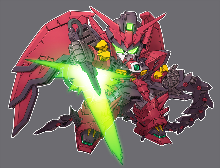 chibi commentary_request energy_sword full_body glowing glowing_eyes green_eyes grey_background gundam gundam_epyon gundam_wing holding holding_sword holding_weapon mecha mecha_focus mechanical_wings mobile_suit no_humans robot science_fiction sd_gundam simple_background solo susagane sword v-fin weapon whip wings