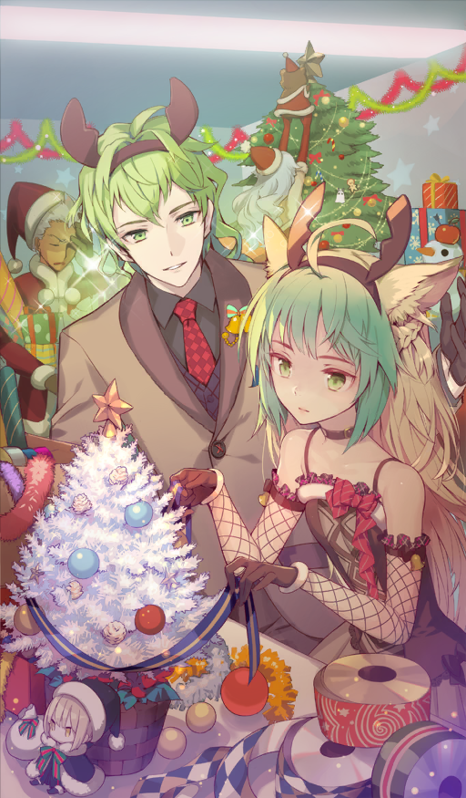2boys 2girls ahoge animal_ears apple archer_(fate) artemis_(fate) artoria_pendragon_(fate) atalanta_(fate) atalanta_(party_time)_(fate) bare_shoulders bell belt_collar black_dress black_gloves black_shirt blonde_hair bow box braid brown_collar brown_jacket cat_ears cat_girl character_doll christmas christmas_ornaments christmas_tree closed_eyes collar collared_shirt commentary cowboy_shot dark-skinned_male dark_skin david_(fate) david_(party_time)_(fate) decorating_christmas_tree deer_ears detached_sleeves diffraction_spikes double-parted_bangs dress dress_bow elbow_gloves fake_animal_ears fate/grand_order fate_(series) fishnet_sleeves fishnets food frown fruit fur-trimmed_gloves fur-trimmed_headwear fur_trim garland_(decoration) gift gift_box gin_(oyoyo) gloves gradient_hair green_eyes green_hair hairband hat indoors jacket jingle_bell lapels light_smile long_hair long_sleeves medium_hair mini_christmas_tree multicolored_hair multiple_boys multiple_girls necktie official_art orion_(bear)_(fate) parted_lips pom_pom_(clothes) red_bow red_gloves red_hat red_jacket red_necktie santa_alter santa_costume santa_hat shirt short_hair sidelocks sleeveless sleeveless_dress snowman sparkle standing star_(symbol) stuffed_animal stuffed_toy suit_jacket table teddy_bear teeth third-party_source vest waistcoat white_hair white_tree