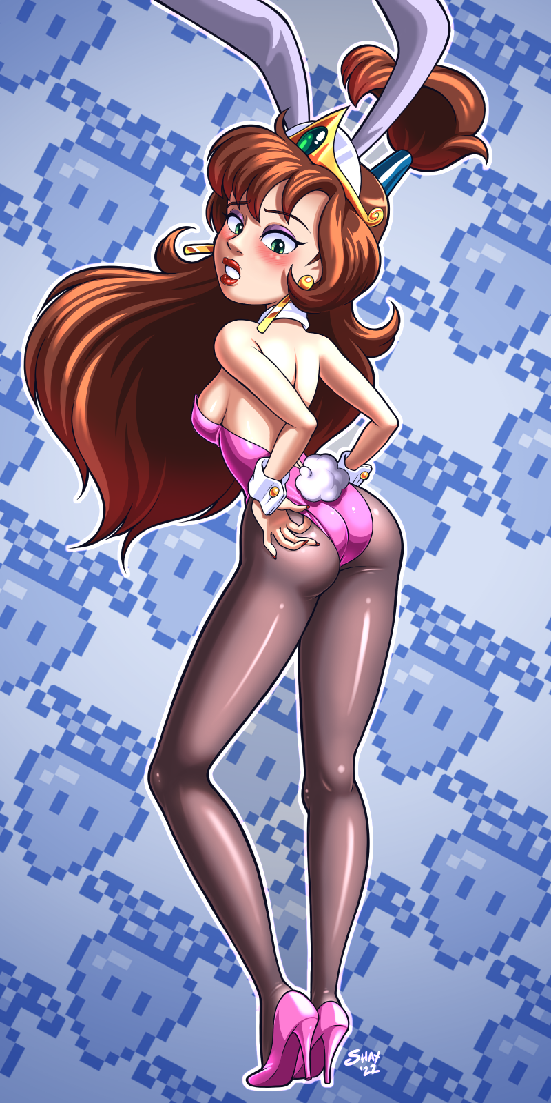 1girl 2022 animal_ears artist_name ass backboob blue_background blush breasts captain_n:_the_game_master captain_n_the_game_master carrot_(mario) carrot_print cleavage easter fake_animal_ears fake_tail female_focus food_print highres leotard lips mario_(series) medium_breasts nintendo pink_leotard playboy_bunny princess_lana rabbit_ears rabbit_tail red_lips shaxbert sideboob solo super_mario_land_2 tagme tail