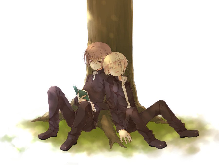 2boys grass kusanagi_naoya moesashi multiple_boys natsume_kei_(sakura_no_uta) pink_hair sakura_no_uta school_uniform shirt simple_background sitting white_background white_hair white_shirt