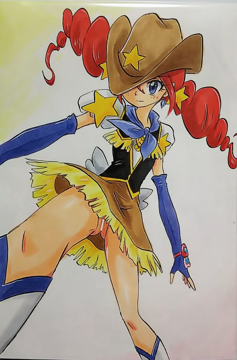 1girl ashigaki_radar bar_censor black_vest blue_eyes blue_gloves blue_neckerchief blush bomber_girls_precure boots bracelet brown_headwear brown_skirt censored cowboy_hat cowboy_western drill_hair earrings fingerless_gloves freckles from_below gloves happinesscharge_precure! hat hat_over_one_eye heart highres jewelry neckerchief no_panties precure puffy_sleeves pussy red_hair red_haired_cure_(bomber_girls_precure)_(happinesscharge_precure!) shirt short_sleeves skirt smile standing star_(symbol) twin_drills two-tone_background vest white_background white_footwear white_shirt yellow_background