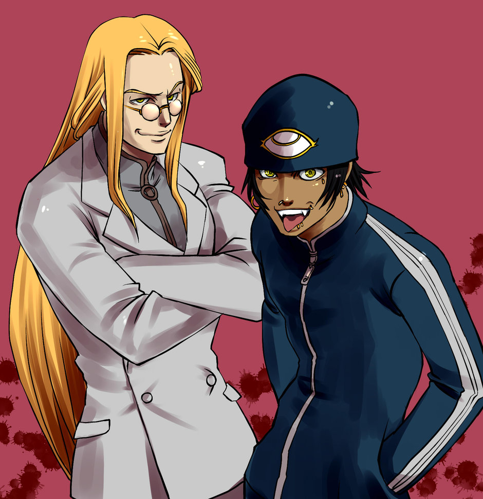 2boys anti-eyebrow_piercing beanie black_hair blonde_hair brothers crossed_arms dark_skin ear_piercing earrings fangs formal_clothes glasses hands_in_pockets hat hellsing high_collar hoop_earrings jan_valentine jewelry lip_piercing long_hair luke_valentine multiple_boys nose_piercing open_mouth piercing siblings smile suit tokisige tongue tongue_out vampire white_suit yellow_eyes zipper
