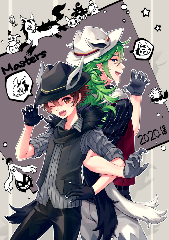 2boys black_pants brown_eyes brown_hair buttons chen_(1717) copyright_name cosplay dated drifloon game_freak gen_3_pokemon gen_4_pokemon gen_5_pokemon gen_6_pokemon gen_7_pokemon gloves gourgeist green_hair hand_up hat hilbert_(fall_2020)_(pokemon) hilbert_(pokemon) hilbert_(pokemon)_(cosplay) litwick long_hair male_focus mightyena mimikyu multiple_boys n_(pokemon) nintendo official_alternate_costume one_eye_closed open_mouth pants pokemon pokemon_bw pokemon_masters_ex pumpkaboo scarf shirt short_hair smile spoken_character star_(symbol) teeth tongue upper_teeth_only vest