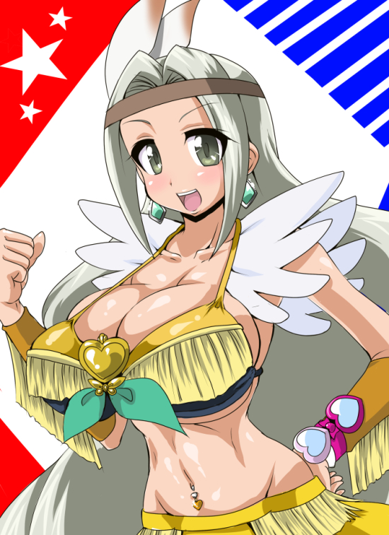 10s 1girl :d bomber_girls_precure breasts brooch cleavage clenched_hand collarbone cowboy_western earrings feathers female_focus fringe_trim green_eyes grey_haired_cure_(bomber_girls_precure)_(happinesscharge_precure!) hand_on_own_hip happinesscharge_precure! headband heart heart_brooch jewelry large_breasts long_hair midriff navel navel_piercing open_mouth piercing precure skirt smile solo sorano-umi tribal white_hair