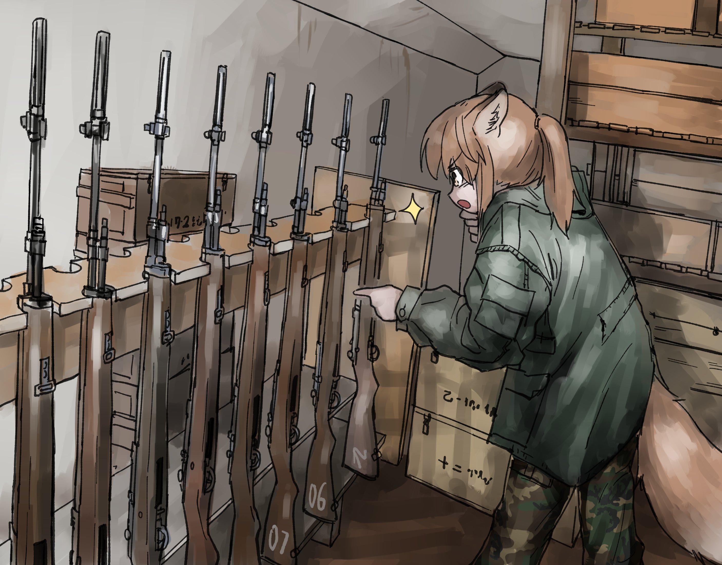 1girl animal_ears box brown_eyes brown_hair fox_ears fox_girl fox_girl_(yihan1949) fox_tail gun highres military_uniform open_mouth original ponytail rifle solo standing tail warehouse weapon weapon_rack yihan1949
