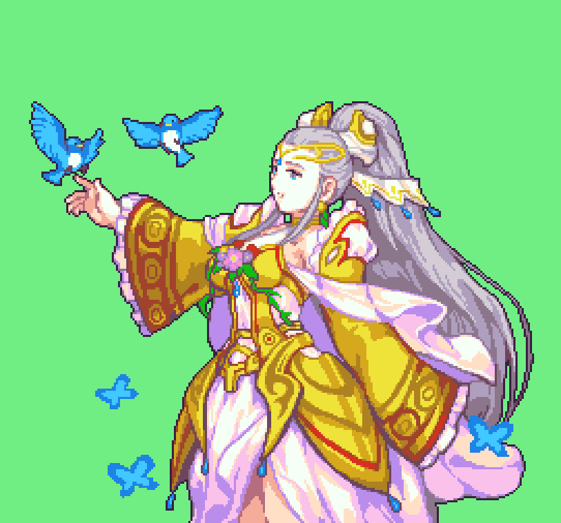 1girl bird blue_bird blue_butterfly blue_eyes bug butterfly commission commissioner_upload dress eir_(fire_emblem) eir_(life_ascendant)_(fire_emblem) fire_emblem fire_emblem_heroes flower frilled_sleeves frills glaceo gold_tiara insect jewelry long_hair long_sleeves nintendo official_alternate_costume pixel_art ponytail sidelocks solo tiara white_dress white_hair yellow_dress