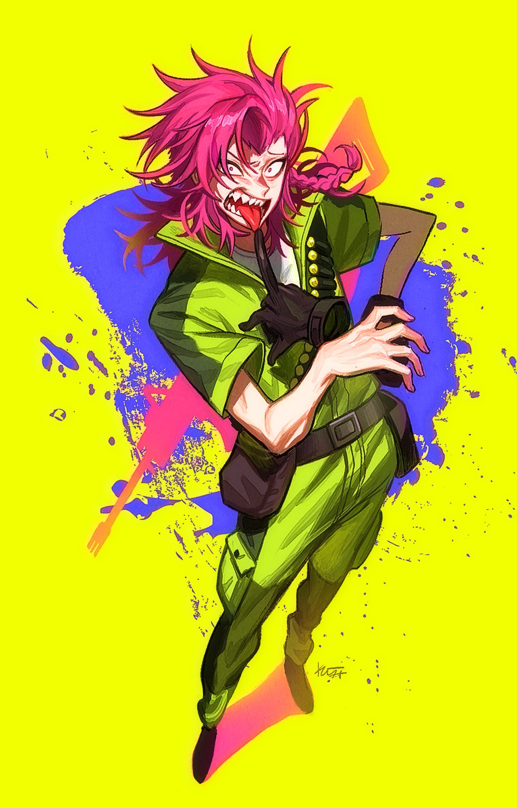1boy arm_up bandolier belt belt_buckle black_belt black_footwear braid buckle collared_jumpsuit commentary_request constricted_pupils danganronpa_(series) danganronpa_2:_goodbye_despair gas_mask gimmogi_kimumogi hand_on_own_hip highres jumpsuit long_tongue looking_at_viewer male_focus mask medium_hair open_mouth pink_eyes pink_hair pouch sharp_teeth shirt side_braid single_braid sneer soda_kazuichi solo standing t-shirt teeth thigh_pouch tongue tongue_out uneven_eyes white_shirt widow&#039;s_peak yellow_background yellow_jumpsuit