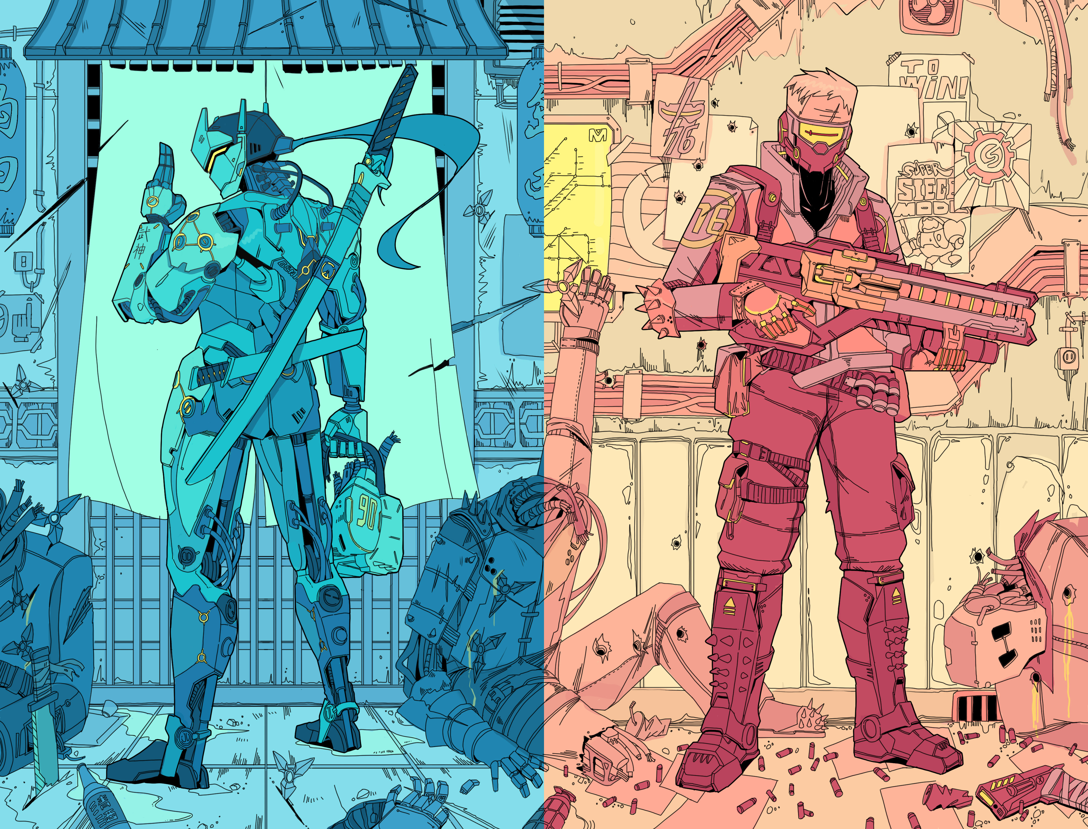 2boys absurdres armored_boots assault_rifle beer_bottle belt boots bullet_hole cable can cup curtains cyborg disposable_cup drink_can elbow_pads english_text explosive finger_on_trigger from_behind full_body genji_(overwatch) gloves grenade gun hand_up handgun high_collar highres holding holding_detached_head holding_gun holding_weapon humanoid_robot indoors iwse_zhang jacket katana knife kuji-in lantern long_hair long_sleeves male_focus multiple_boys old old_man overwatch paper paper_lantern planted planted_knife planted_weapon pocket ponytail poster_(object) pouch profile puddle rifle robot scar scar_on_face sheath sheathed shell_casing short_hair shuriken soldier:_76_(overwatch) spikes split_theme standing sword thigh_pouch two-handed weapon weapon_on_back