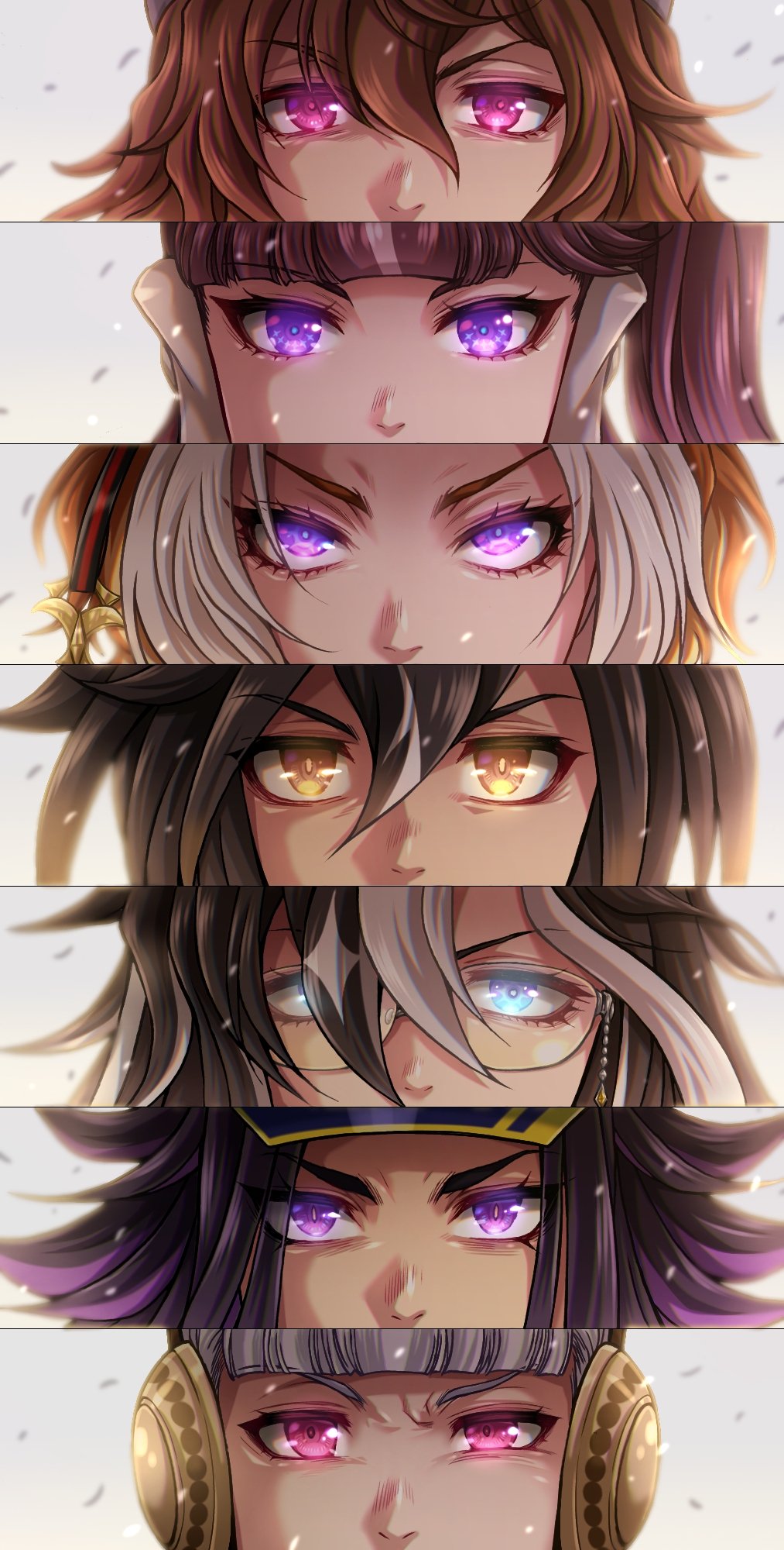 6+girls black_hair blue_eyes blunt_bangs brown_eyes brown_hair dream_journey_(umamusume) eye_focus eyewear_strap fenomeno_(umamusume) flipped_hair glasses glowing glowing_eyes gold_ship_(umamusume) grey_hair hair_between_eyes hat highres horse_girl long_hair looking_at_viewer lucky_lilac_(umamusume) miru_(mill_36) multicolored_hair multiple_girls nakayama_festa_(umamusume) orange_hair orfevre_(umamusume) ponytail portrait purple_eyes purple_hair side_ponytail stay_gold_(umamusume) stay_gold_clan_(umamusume) two-tone_hair umamusume white_hair