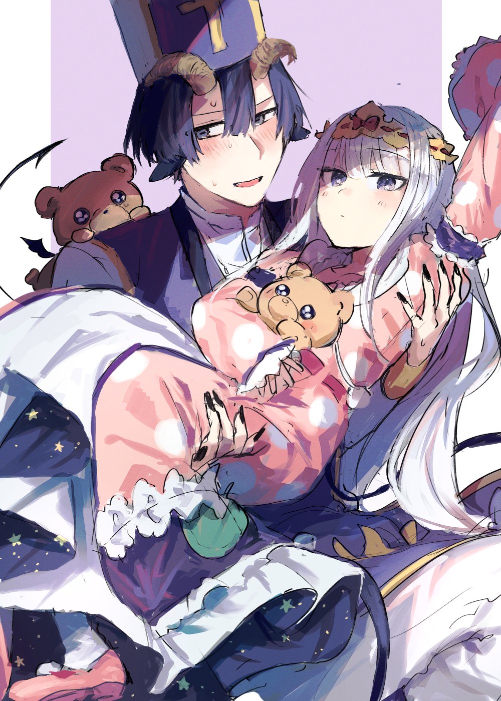 1boy 1girl animal_ears aurora_sya_lis_kaymin black_nails blue_eyes blue_hair blush carrying commentary_request demon_cleric demon_tail dress fingernails goat_ears goat_horns hat highres horns long_fingernails long_hair looking_at_viewer looking_away maou-jou_de_oyasumi moegi0926 nail_polish princess_carry purple_eyes purple_hair shoes short_hair sketch stuffed_animal stuffed_toy sweat tail teddy_bear