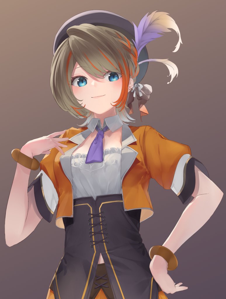 1girl atsushima bangle beret black_corset blue_eyes blush bow bracelet braid breasts brown_background closed_mouth collar commentary_request corset cropped_jacket earrings grey_hat hat hat_feather hiyoku_no_crosspiece jacket jewelry light_brown_hair looking_at_viewer medium_breasts multicolored_hair nanashi_inc. necktie open_clothes open_jacket orange_hair orange_jacket purple_necktie shirt short_hair short_sleeves smile solo swept_bangs touri_sei touri_sei_(1st_costume) two-tone_hair upper_body virtual_youtuber white_bow white_collar white_shirt