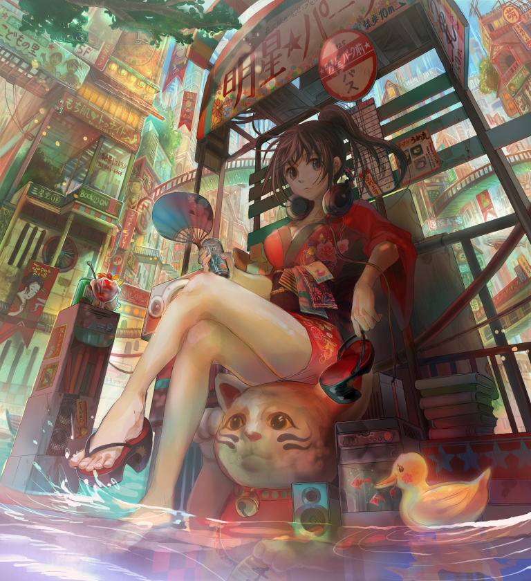 1girl barefoot book brown_eyes brown_hair bus_stop can cat city colorful crossed_legs feet female_focus flood food fuzichoco hand_fan headphones headphones_around_neck japanese_clothes kimono legs maneki-neko original paper_fan parfait ponytail reflection rubber_duck sandals scenery shoes short_kimono single_shoe sitting soaking_feet solo splashing uchiwa water