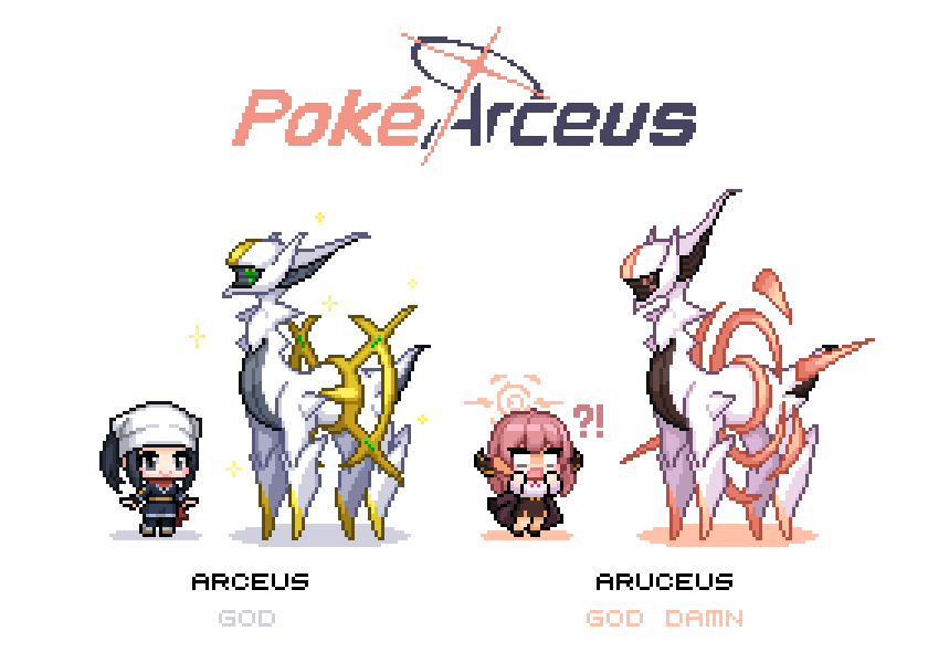 !? 2girls akari_(pokemon) arceus aru_(blue_archive) black_eyes black_hair blue_archive bow bowtie character_name chibi coat coat_on_shoulders commentary creatures_(company) crossover demon_girl demon_horns english_commentary english_text fur-trimmed_coat fur_trim game_freak gen_4_pokemon halo headscarf horns legendary_pokemon multiple_girls mythical_pokemon nintendo pink_hair pixel_art pokemon pokemon_(creature) pokemon_legends:_arceus pun redforge school_uniform surprised white_headscarf white_headwear