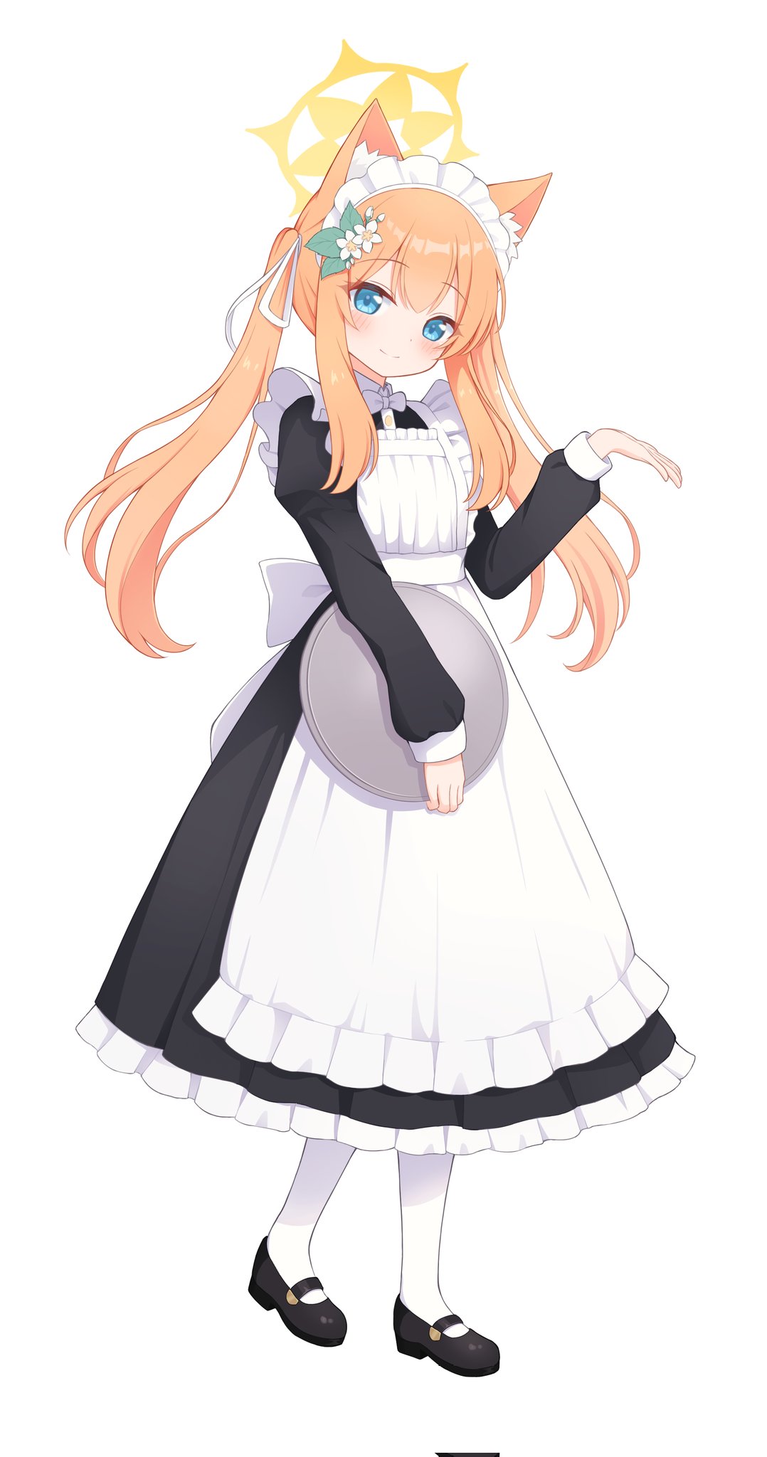 1girl alternate_costume animal_ear_fluff animal_ears apron black_dress black_shoes blue_archive blue_eyes blush bow bowtie cat_ears corrupted_twitter_file dress enmaided flower frilled_apron frilled_dress frills full_body hair_flower hair_ornament hair_ribbon halo highres holding holding_tray long_hair long_sleeves looking_at_viewer maid maid_apron maid_headdress mari_(blue_archive) mary_janes orange_hair outstretched_hand pantyhose ribbon shoes sidelocks simple_background solo standing tachi-e tray white_apron white_background white_bow white_bowtie white_pantyhose white_ribbon yellow_halo yuma_(lyq_yume)