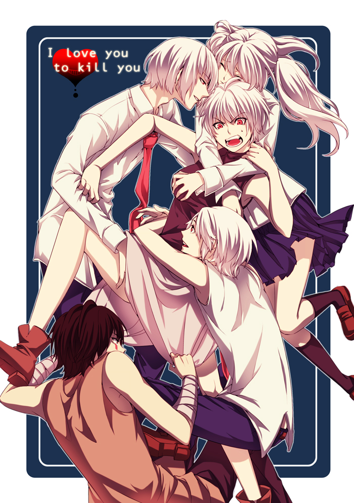 .flow 2girls 3boys bad_id bad_pixiv_id bandages bisexual_female brown_hair english_text engrish_text grabbing_another&#039;s_breast groping heart kaibutsu multiple_boys multiple_girls necktie olmatown pale_skin ranguage red_eyes sabitsuki school_uniform short_hair smile_(.flow) twintails white_hair