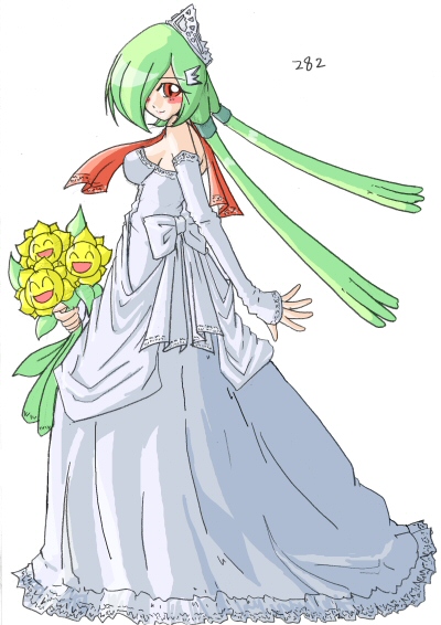 1girl :d ^_^ bare_shoulders bouquet bow breasts closed_eyes closed_mouth detached_sleeves dress eyelashes facing_away flower from_side full_body gardevoir gen_2_pokemon gen_3_pokemon green_hair hair_ornament hair_over_one_eye holding holding_bouquet holding_flower lace lace-trimmed_dress lace_trim leaf long_hair long_sleeves looking_at_viewer low_twintails mamecho_(ageatcosh) medium_breasts nintendo no_bra open_mouth personification pokemon pokemon_(creature) pokemon_gsc pokemon_hgss pokemon_oras pokemon_rse red_eyes sideboob sidelocks simple_background sleeves_past_wrists smile standing strapless strapless_dress sunflora sunflower tiara twintails wedding_dress white_background white_bow white_dress
