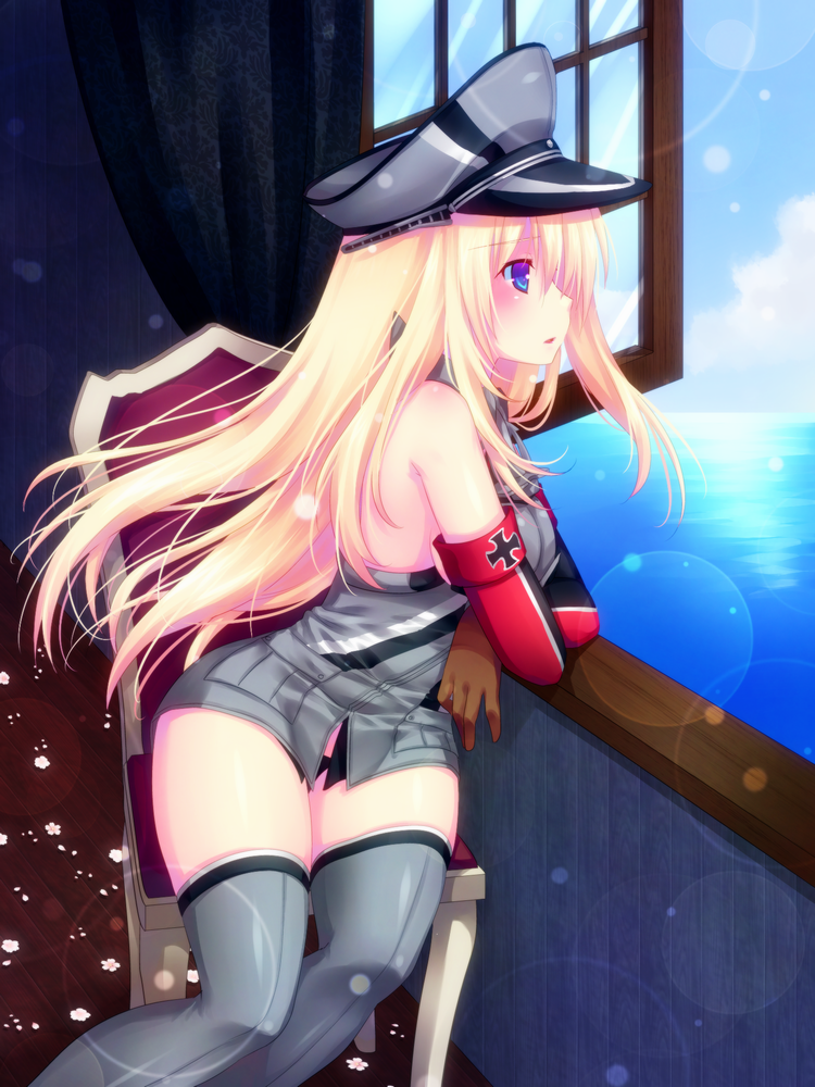 10s 1girl :d arm_support bad_id bad_pixiv_id bare_shoulders bismarck_(kancolle) blonde_hair blue_eyes blush breasts chair cloud cross crossed_arms curtains day detached_sleeves door_to_heaven female_focus flower gloves grey_thighhighs hat indoors iron_cross kantai_collection lens_flare long_hair medium_breasts military military_hat military_uniform ocean open_mouth open_window peaked_cap pocket profile sideboob sitting sky smile solo thighhighs very_long_hair water window windowsill wooden_floor zettai_ryouiki
