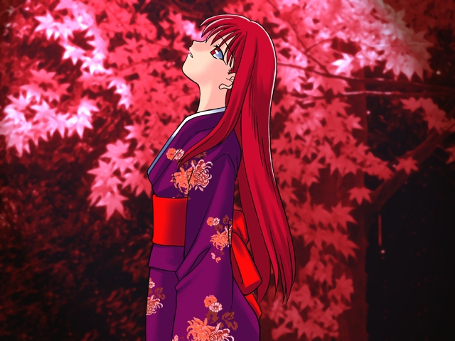 1girl alternate_costume alternate_hair_color arm_at_side back_bow bow closed_mouth cowboy_shot eyelashes floral_print floral_print_kimono floral_print_sleeves from_side game_cg japanese_clothes kimono leaf long_hair long_sidelocks long_sleeves looking_up maple_leaf non-web_source obi official_alternate_costume official_alternate_hair_color official_art outdoors photo_background print_kimono profile purple_kimono purple_sleeves red_background red_bow red_eyes red_sash sash sidelocks solo standing straight_hair takeuchi_takashi teeth tohno_akiha toono_akiha tree tsukihime vermillion_akiha wide_sleeves