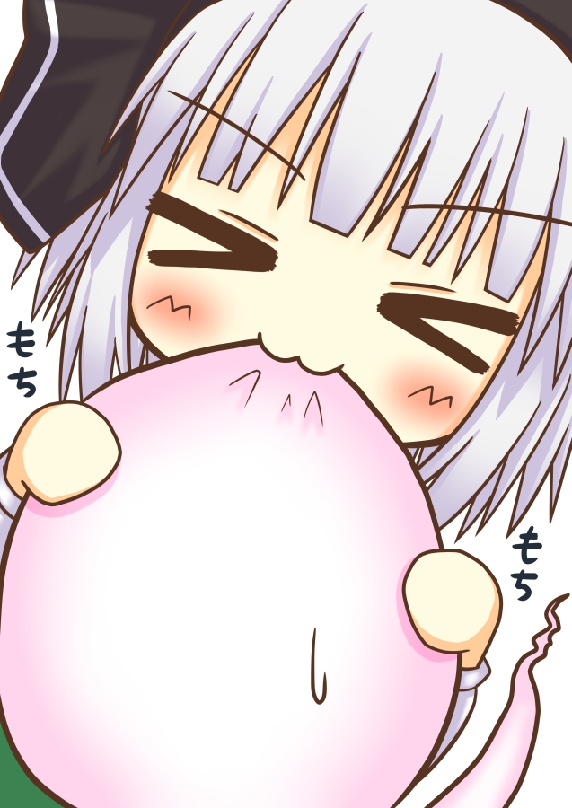 &gt;_&lt; 1girl :3 biting blush chibi estia closed_eyes female_focus hestia hestia_(neko_itachi) hitodama konpaku_youmu konpaku_youmu_(ghost) solo touhou white_hair