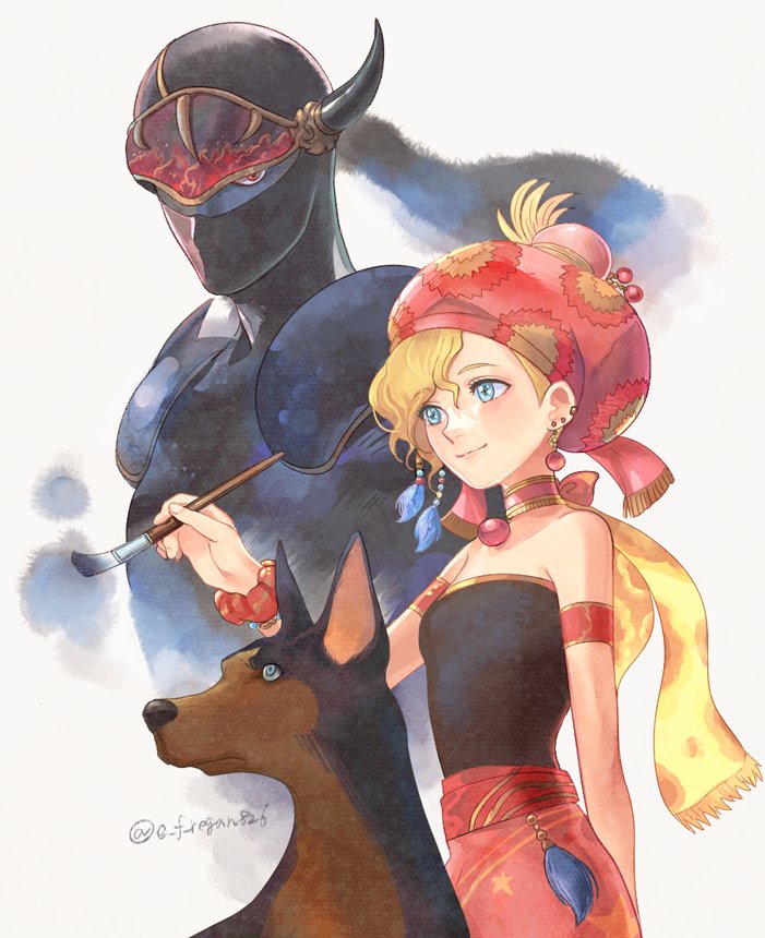 1boy 1girl arm_behind_back armband armor black_bodysuit black_shirt blonde_hair blue_eyes bodysuit bracelet breasts choker dobermann dog earrings father_and_daughter final_fantasy final_fantasy_vi hair_between_eyes holding holding_paintbrush interceptor_(ff6) jewelry mask mouth_mask multiple_earrings ninja_mask paintbrush painting_(action) red_eyes red_headwear regan_(hatsumi) relm_arrowny shadow_(ff6) shirt short_hair shoulder_armor small_breasts smile strapless tube_top twitter_username upper_body visor wavy_hair white_background
