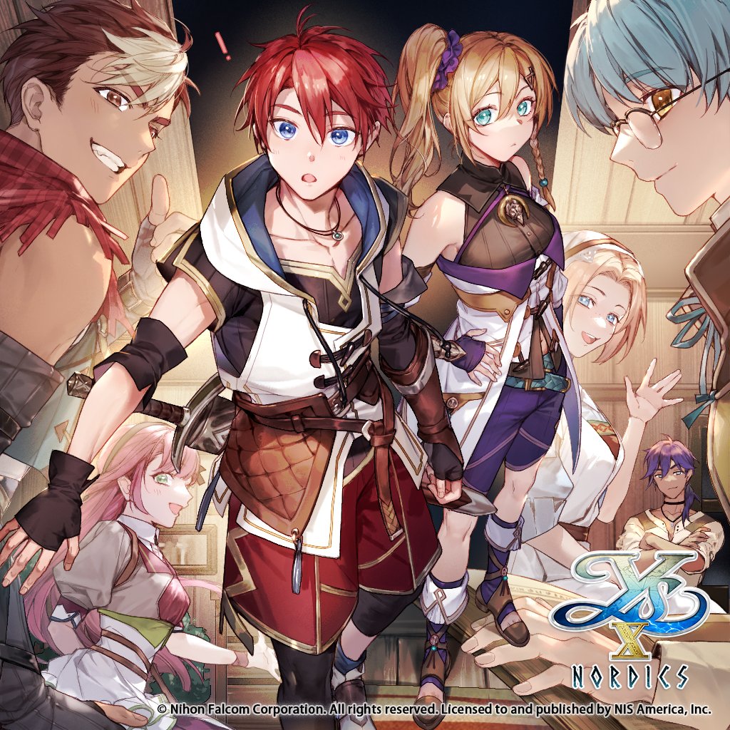 ! 3girls 4boys :o achan_(blue_semi) adol_christin aqua_hair bare_shoulders black_choker black_gloves blonde_hair blue_eyes braid brown_hair choker collarbone commentary_request copyright_name copyright_notice crossed_arms cruz_carpent dark-skinned_male dark_skin fingerless_gloves floating_hair glasses gloves green_eyes grenn_berge hair_between_eyes hair_ornament hair_scrunchie hand_on_own_hip hands_on_own_hips indoors karja_balta long_hair looking_at_viewer mirabel_asrad multicolored_hair multiple_boys multiple_girls official_art pink_hair purple_hair purple_scrunchie purple_shorts rafe_evelies red_hair red_shorts rosalind_rusveri round_eyewear scrunchie short_hair short_sleeves shorts side_ponytail smile thumbs_up two-tone_hair white_hair yellow_eyes ys ys_x:_nordics