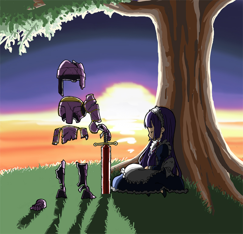 1girl alice_(ragnarok_online) apron armor armored_boots blue_dress boots breastplate closed_eyes closed_mouth commentary_request danna_(00211020) dress faulds frilled_apron frilled_dress frills full_body gauntlets grass helmet juliet_sleeves living_armor long_hair long_sleeves maid maid_headdress planted planted_sword planted_weapon puffy_sleeves purple_hair ragnarok_online raydric sitting smile solo standing sunset sword tree under_tree weapon white_apron