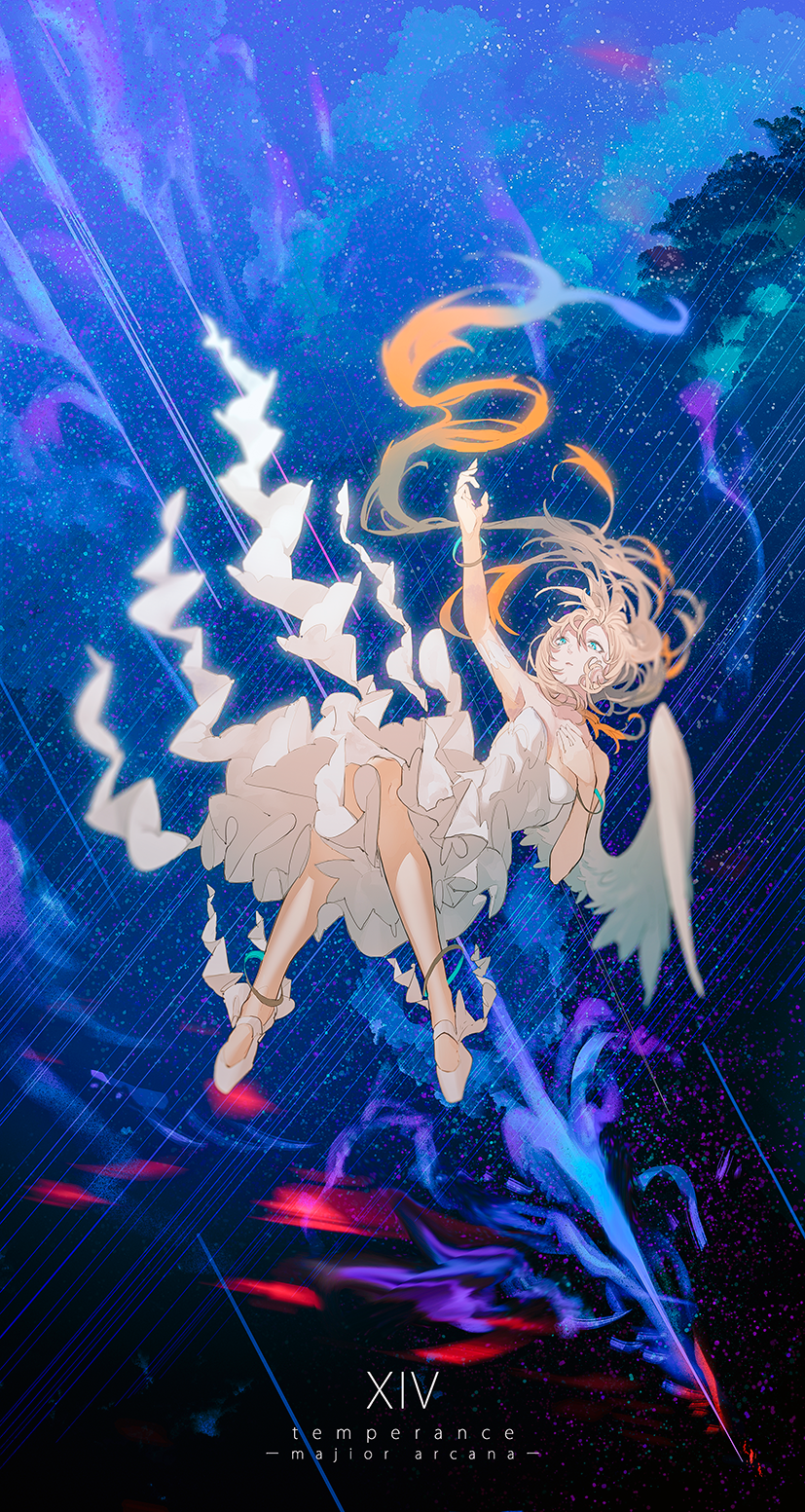 1girl bad_id bad_pixiv_id bare_shoulders blonde_hair blue_eyes bracelet card cloud dress english_text falling frilled_dress frills full_body highres jewelry long_hair nonokuro original reaching single_wing sky slippers solo tarot tarot_card temperance_(tarot) typo white_dress white_slippers wings