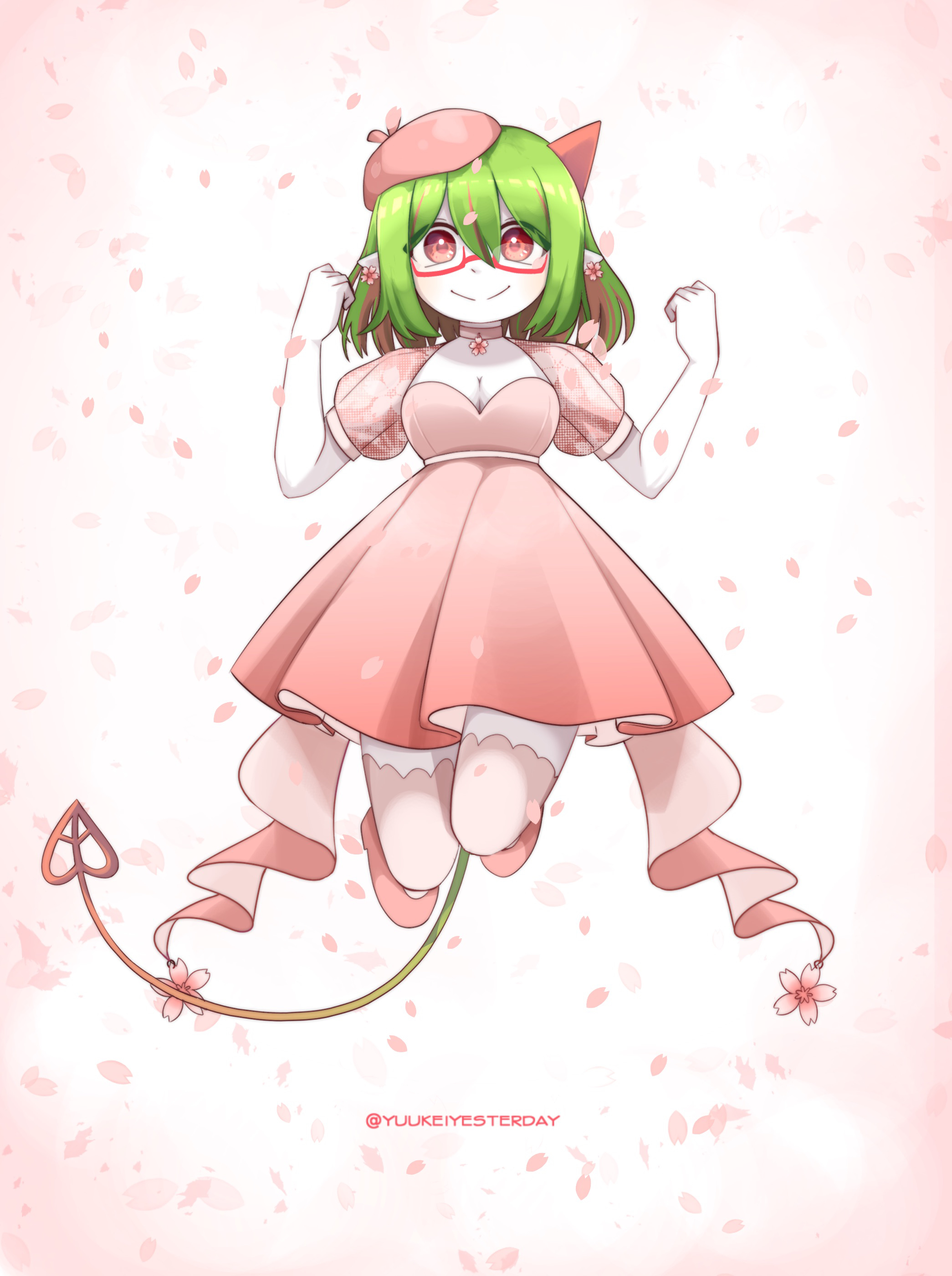 1girl absurdres beret breasts choker cleavage colored_skin commentary demon_girl demon_tail dress earrings english_commentary flower flower_earrings funamusea gradient_background gradient_tail green_hair green_tail haiiro_teien hat highres horns jewelry jumping large_breasts neck_flower pantyhose pink_background pink_choker pink_dress pink_eyes pink_flower pink_hat pink_pantyhose pink_petals pink_shoes pointy_ears puffy_short_sleeves puffy_sleeves red-framed_eyewear red_tail redscarfy semi-rimless_eyewear shoes short_hair short_sleeves sidelocks single_horn smile solo tail twitter_username white_background white_skin yosafire_(funamusea)