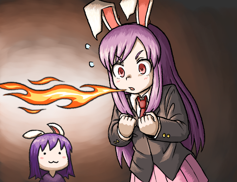2girls :3 animal_ears black_jacket blazer blush breath_weapon breathing_fire brown_background bseibutsu clenched_hands closed_mouth collared_shirt commentary_request cookie_(touhou) fake_hisui_(cookie) fire flying_sweatdrops hisui_(cookie) jacket long_sleeves multiple_girls necktie open_mouth pink_skirt pleated_skirt purple_hair rabbit_ears rabbit_girl red_eyes red_necktie reisen_udongein_inaba shirt short_hair skirt smile solid_circle_eyes swept_bangs touhou upper_body white_shirt