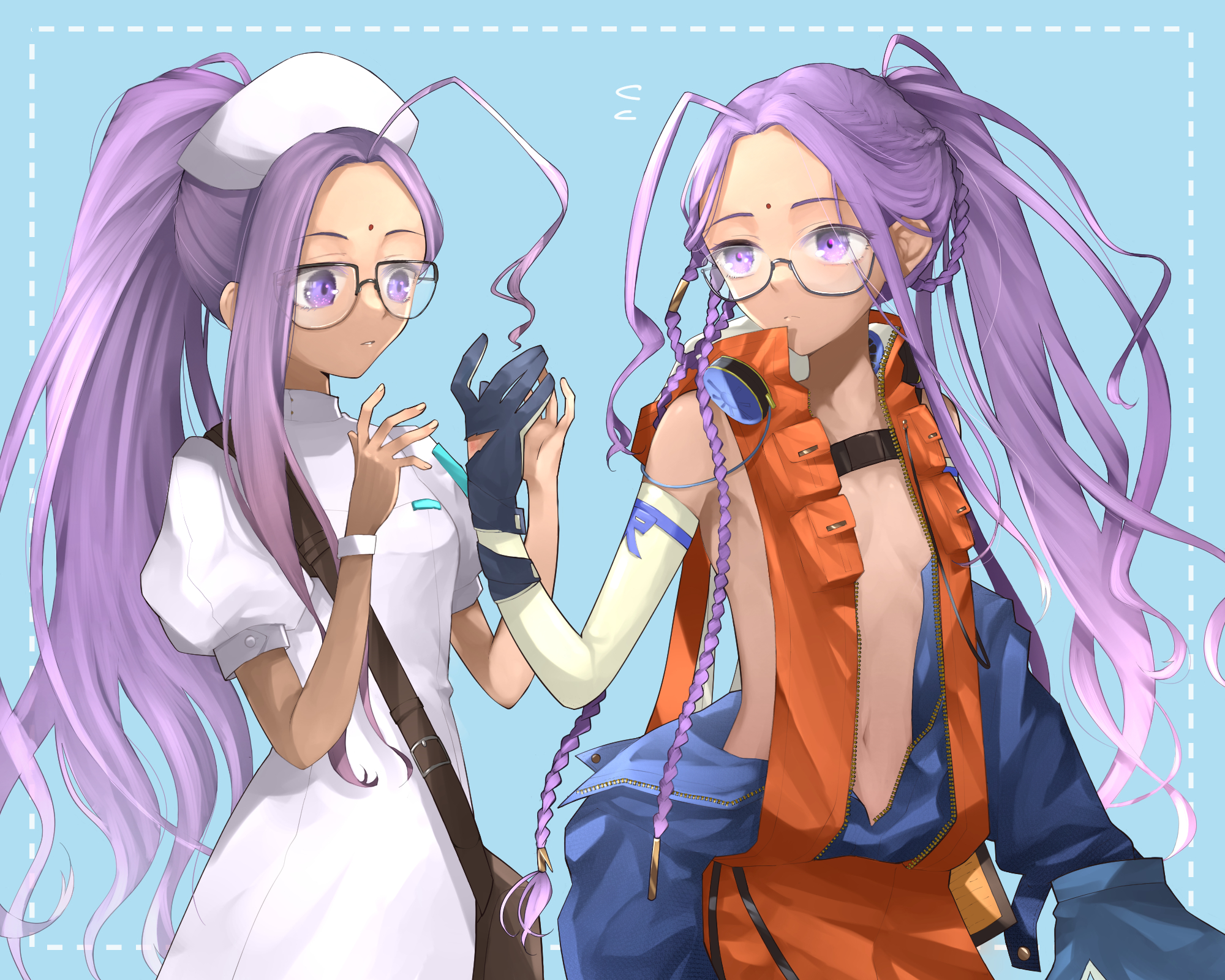 2girls ahoge black-framed_eyewear blue_background breasts closed_mouth commentary_request dark-skinned_female dark_skin fate/grand_order fate_(series) flying_sweatdrops glasses hat hazuki-a headphones headphones_around_neck highres long_hair looking_at_another multiple_girls navel no_bra nurse nurse_cap paper_moon_(fate/grand_order) ponytail puffy_short_sleeves puffy_sleeves purple_eyes purple_hair rani_b_(fate) rani_r_(fate) revealing_clothes short_sleeves simple_background small_breasts stomach white_hat
