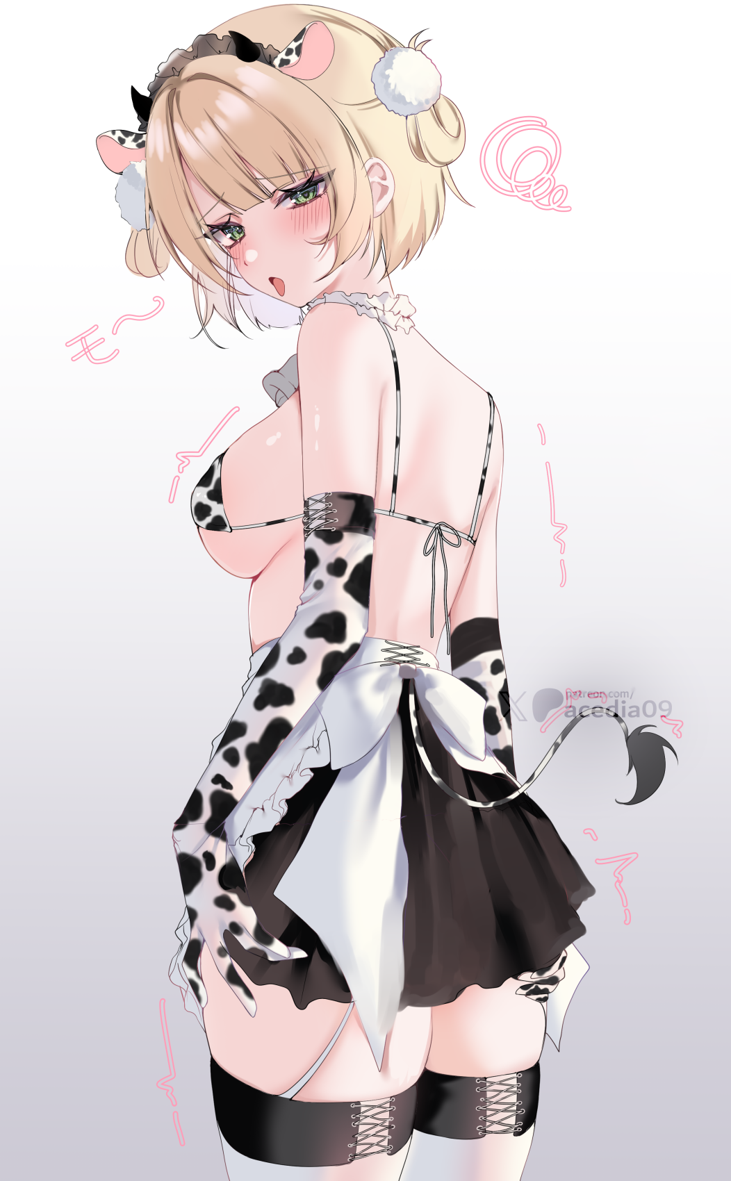 1girl acedia animal_print apron back_bow bell bikini black_skirt blonde_hair blunt_bangs blush bow breasts choker commentary cow_ear_hairband cow_print cow_print_bikini cow_print_gloves cow_tail cowboy_shot elbow_gloves frilled_choker frilled_skirt frills from_behind garter_straps gloves grabbing_own_ass gradient_background green_eyes hair_ornament highres indie_virtual_youtuber looking_at_viewer looking_back maid maid_bikini miniskirt mixed-language_commentary naughty_face neck_bell patreon_username pom_pom_(clothes) pom_pom_hair_ornament print_bikini print_gloves shigure_ui_(vtuber) short_hair sideboob simple_background skirt solo swimsuit tail thighhighs tongue tongue_out two_side_up unconventional_maid virtual_youtuber waist_apron white_apron zettai_ryouiki