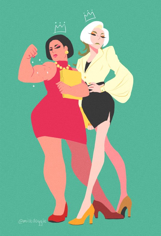 10s 2girls aggressive_retsuko bob_cut closed_eyes contrapposto crown dress earrings eyeliner flexing folder full_body gori_(aggretsuko) green_background green_lips hand_on_own_hip high_heels humanization jewelry lipstick long_hair makeup milkaru mole mole_under_eye multicolored_hair multiple_girls muscular muscular_female necklace pencil_skirt personification pink_lips puffy_sleeves red_dress red_footwear shoes sim simple_background skirt sparkle standing twitter_username two-tone_hair washimi_(aggretsuko) yellow_shoes