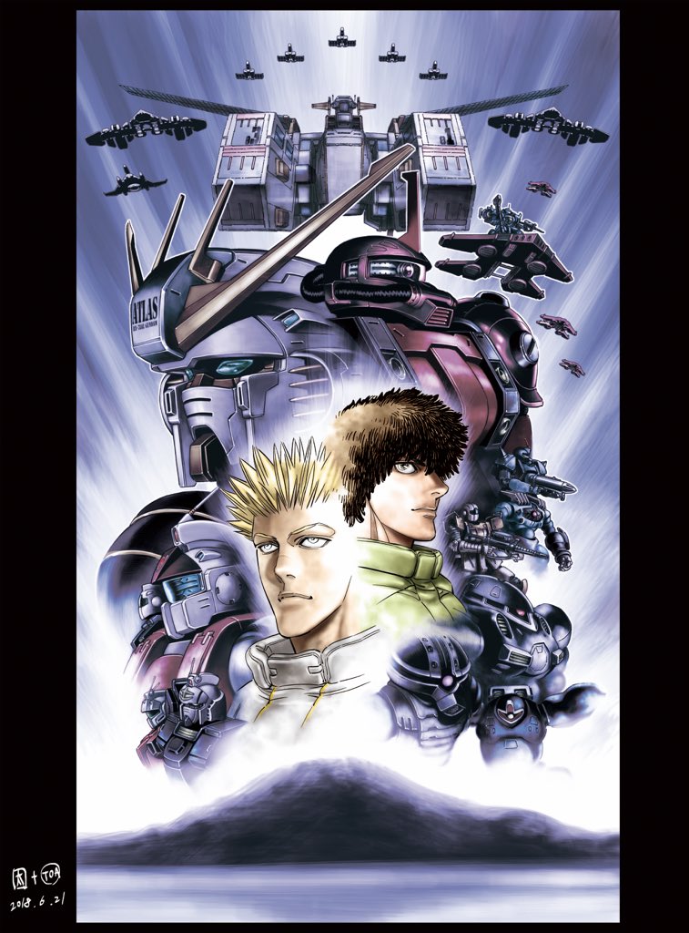 2boys atlas_gundam bazooka_(gundam) blonde_hair brown_eyes brown_hair daryl_lorenz dom_(mobile_suit) flying gm_(mobile_suit) gouf green_eyes gun guncannon gundam gundam_thunderbolt holding holding_gun holding_weapon io_fleming looking_up mecha mecha_request mobile_suit mountain multiple_boys official_art ohtagaki_yasuo one-eyed pilot_suit red_eyes robot science_fiction spacecraft spiked_hair v-fin weapon white_base z&#039;gok zaku_ii_(reuse_p_device)