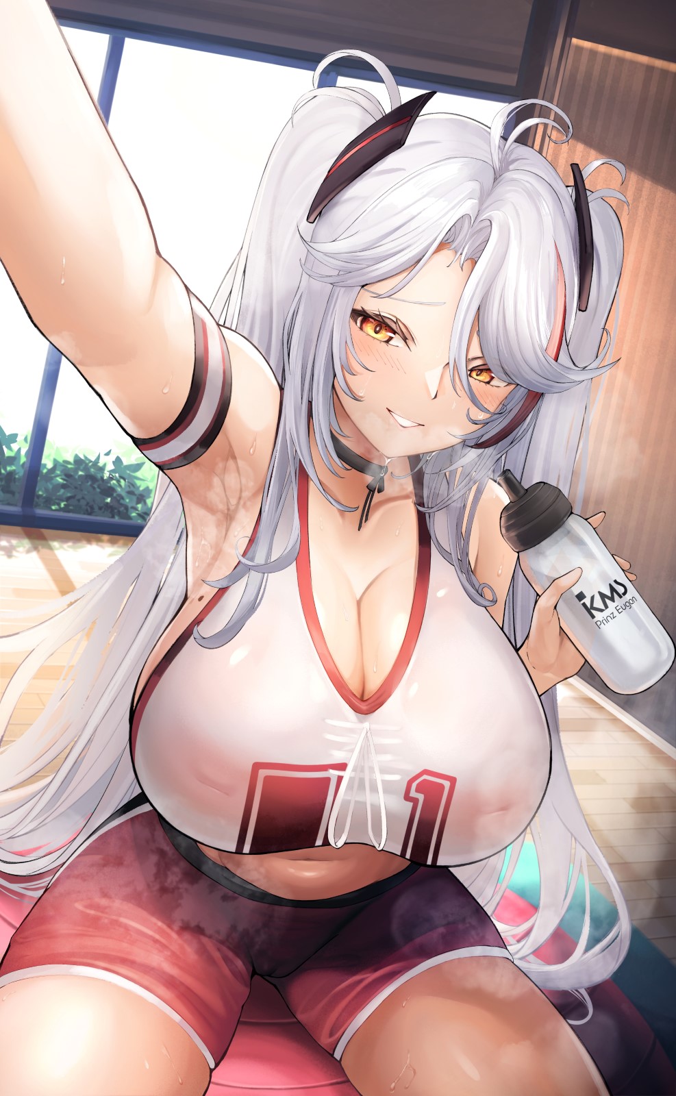 1girl antenna_hair azur_lane black_choker blush bottle breasts breath choker cleavage covered_erect_nipples highres huge_breasts indoors inverted_nipples long_hair looking_at_viewer midriff mole mole_on_breast multicolored_hair navel number_print official_alternate_costume parted_lips prinz_eugen_(azur_lane) prinz_eugen_(brilliant_touchdown)_(azur_lane) reaching reaching_towards_viewer red_hair red_shorts see-through_silhouette shorts sitting smile solo sports_bottle streaked_hair two_side_up water_bottle yusha_m