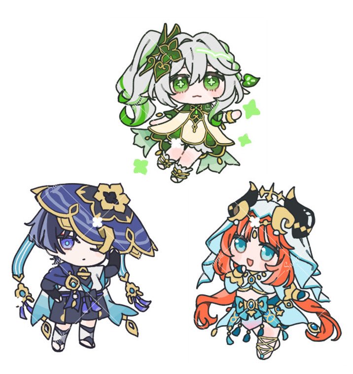 12zuiun 1boy 2girls :3 anklet arm_at_side armor belt black_belt black_bodysuit black_bow black_bridal_gauntlets black_footwear black_horns black_leggings black_shorts bloomers blue_bow blue_brooch blue_cape blue_eyes blue_gemstone blue_kimono blue_pupils blue_sleeves blue_trim blunt_bangs blunt_ends bodysuit bow bracelet bridal_gauntlets bright_pupils cape chibi circlet cropped_shirt cross-shaped_pupils detached_sleeves dress fake_horns feathers fringe_trim gem genshin_impact gladiator_sandals gold gold_circlet gold_footwear gold_horns gold_necklace gold_trim green_cape green_eyes green_hair green_sleeves hair_between_eyes hair_intakes hair_ornament hakama hakama_shorts half_crown_braid han&#039;eri hand_on_own_hip hand_up harem_outfit hat horns japanese_armor japanese_clothes jewelry jingasa kimono kote kurokote layered_kimono layered_sleeves leaf leaf_hair_ornament leg_warmers leggings long_hair looking_at_viewer low_twintails midriff multicolored_hair multiple_girls multiple_horns nahida_(genshin_impact) necklace nilou_(genshin_impact) one_eye_closed open_clothes open_kimono open_mouth pleated_shorts pom_pom_(clothes) purple_eyes purple_hair purple_hat purple_sash red_hair sample_watermark sandals sash scaramouche_(genshin_impact) short_sleeves shorts side_ponytail sidelocks smile streaked_hair symbol-shaped_pupils tassel tilted_headwear twintails underwear veil very_long_hair vision_(genshin_impact) wanderer_(genshin_impact) watermark watermark_grid white_bloomers white_dress white_footwear white_hair white_kimono white_leg_warmers white_pupils white_sleeves white_veil yellow_feathers zouri