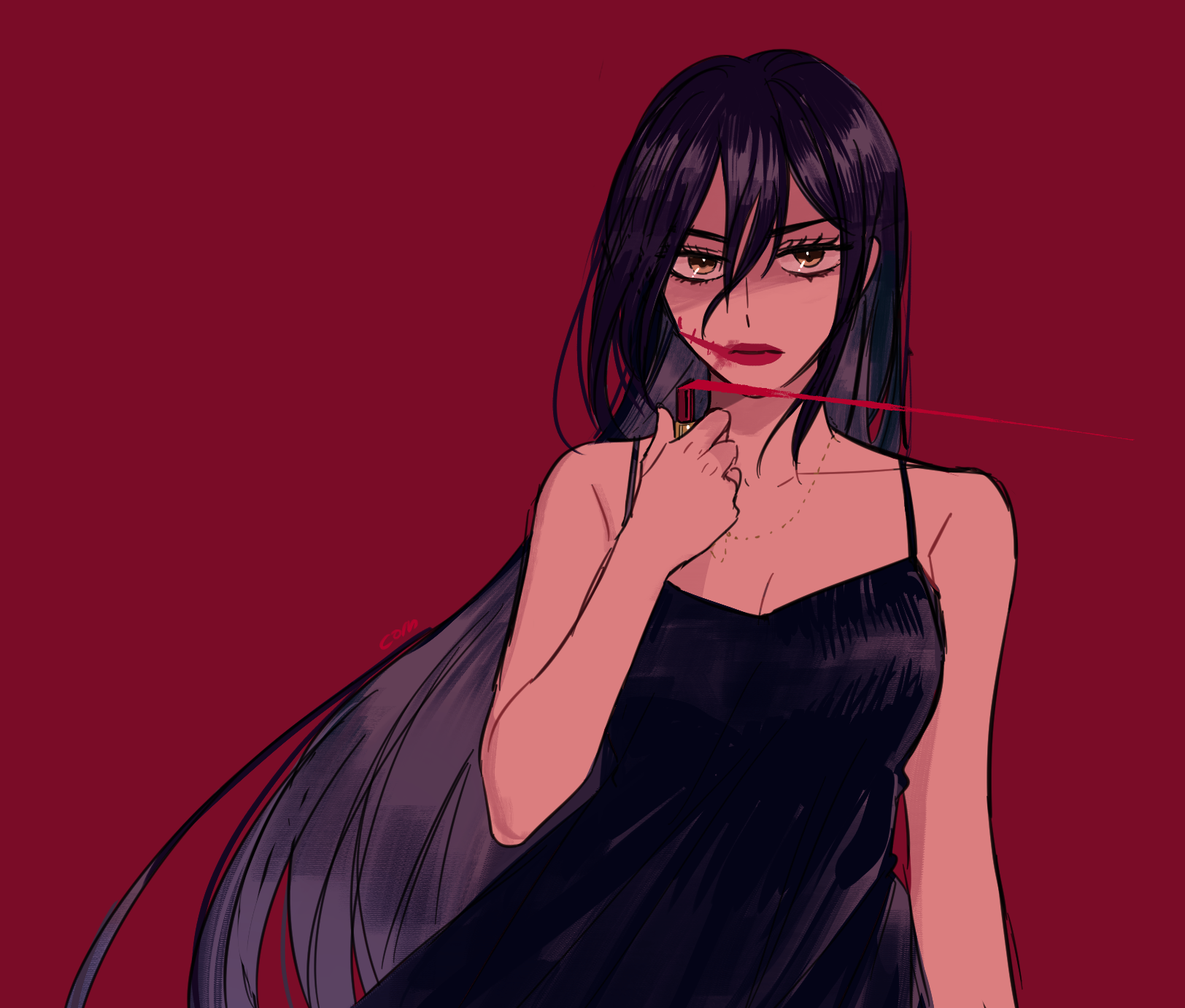 1girl black_dress black_hair brown_eyes com_(com0107) cosmetics dress fuchi_kasane hair_between_eyes highres holding holding_lipstick_tube kasane_(matsuura_daruma) lipstick lipstick_tube makeup red_background red_lips serious smeared_lipstick solo spaghetti_strap wind
