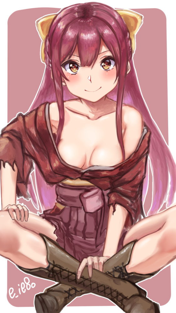 1girl artist_name bare_shoulders boots bow breasts brown_boots cleavage female_focus hair_bow hakama hakama_skirt indian_style japanese_clothes kamikaze_(kancolle) kantai_collection kimono lace-up_boots long_hair looking_at_viewer meiji_schoolgirl_uniform no_bra nyantiu off_shoulder pink_background pink_hakama purple_hair red_eyes red_kimono sitting skirt small_breasts smile solo torn_clothes yellow_bow