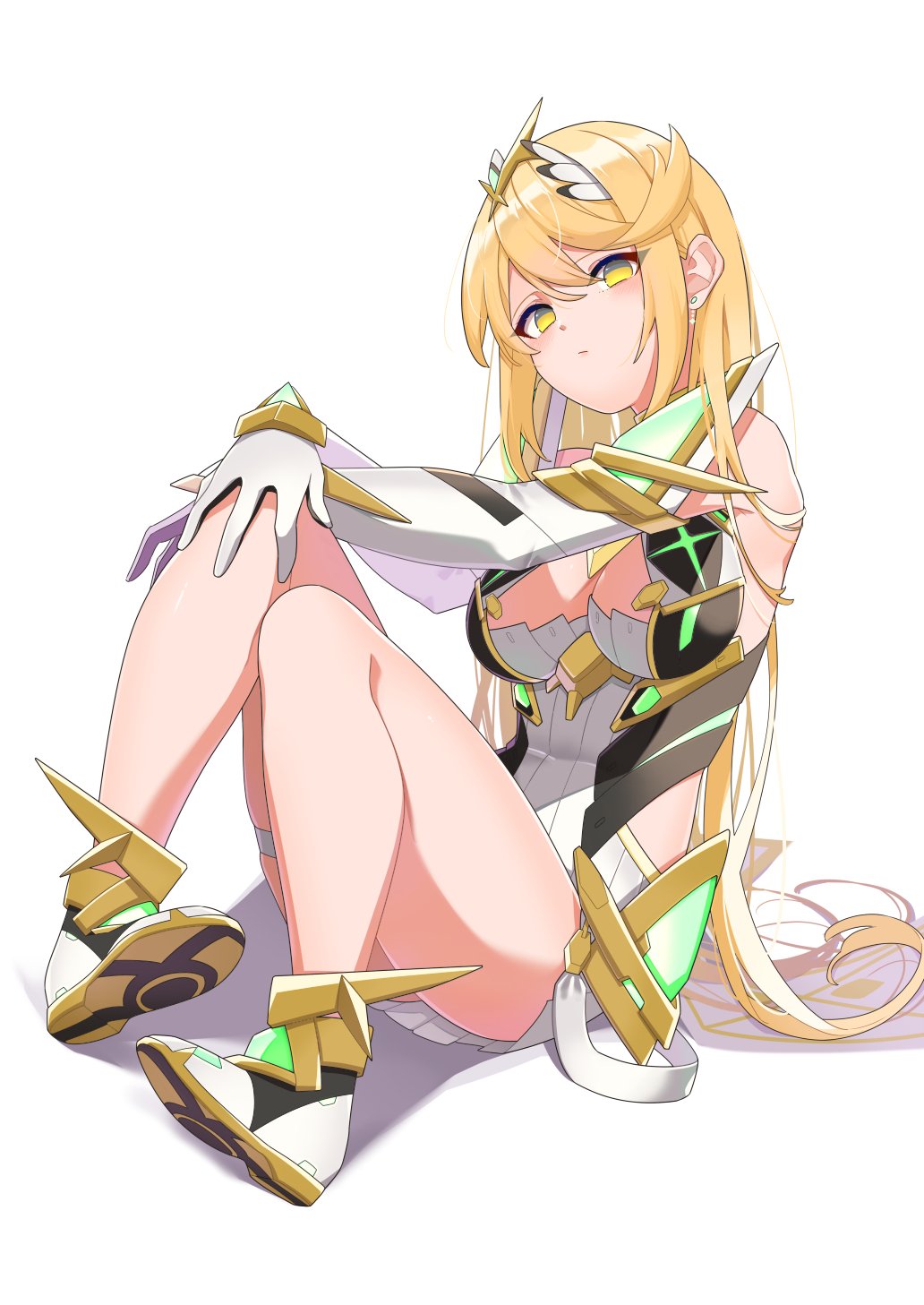 1girl bare_shoulders blonde_hair breasts cleavage dress full_body hehe_jun highres large_breasts mythra_(xenoblade) short_dress simple_background sitting solo tiara white_background white_dress xenoblade_chronicles_(series) xenoblade_chronicles_2 yellow_eyes
