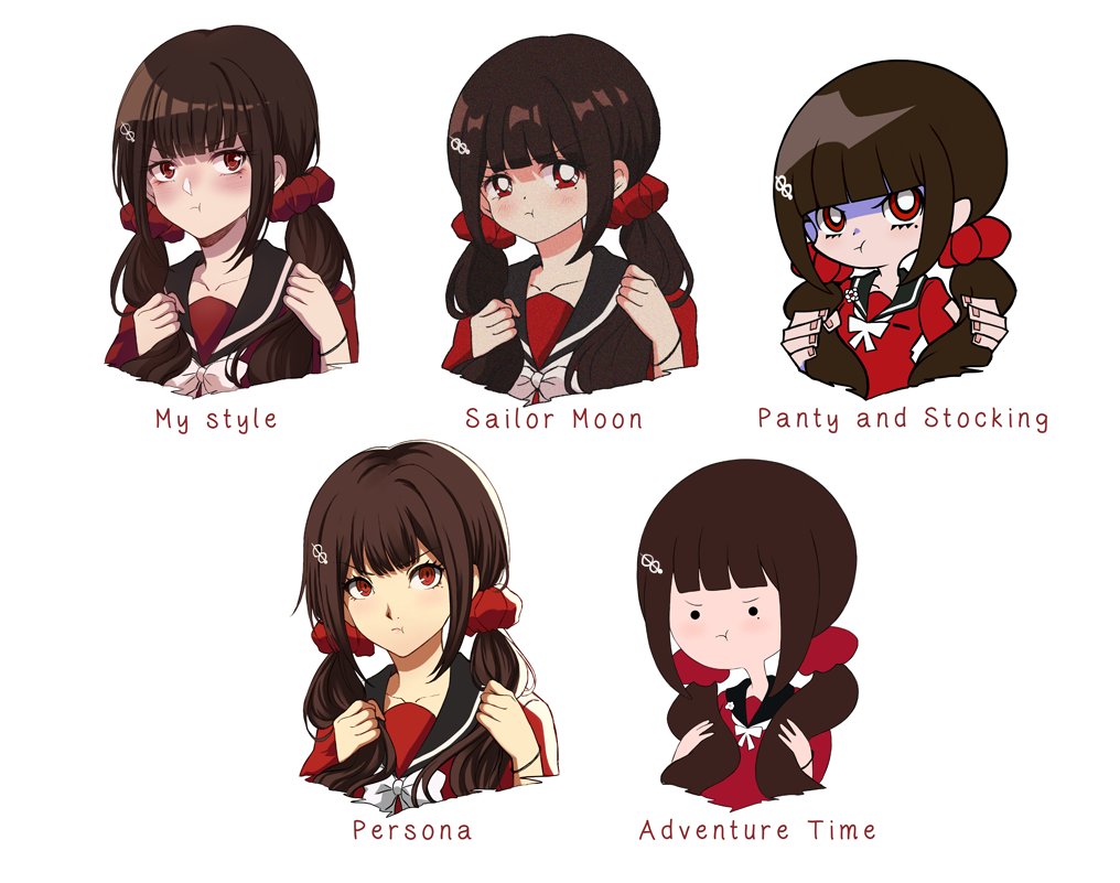 1girl adventure_time bishoujo_senshi_sailor_moon blush commentary copyright_name criis-chan danganronpa_(series) danganronpa_v3:_killing_harmony harukawa_maki long_hair mole mole_under_eye multiple_style_parody multiple_views panty_&amp;_stocking_with_garterbelt parody persona pout red_eyes sailor_collar school_uniform scrunchie serafuku simple_background soejima_shigenori_(style) style_parody takeuchi_naoko_(style) twintails upper_body white_background