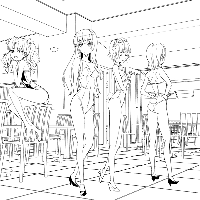 4girls barefoot flower greyscale hair_flower hair_ornament head_wreath high_heels legs leotard long_hair makacoon misaka_mikoto monochrome multiple_girls playboy_bunny rabbit_tail saten_ruiko shirai_kuroko shoes short_hair tail toaru_kagaku_no_railgun toaru_majutsu_no_index twintails uiharu_kazari