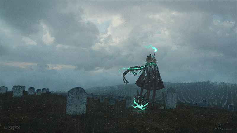 1girl black_dress black_pantyhose bow closed_eyes dress graveyard green_hair guitar hair_bow hair_ornament hair_over_one_eye instrument jacket little_match_girl_(sinoalice) official_art outdoors pantyhose rain ribbon rounin_(amuza) scarf short_hair sinoalice sky solo standing tombstone torn_clothes torn_pantyhose