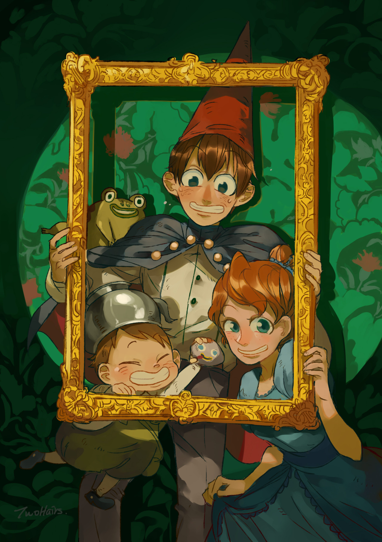 1girl 2boys animal artist_name beatrice_(over_the_garden_wall) blue_cape blue_dress brown_hair buttons cape child closed_eyes dress freckles frog green_background green_eyes gregory_(over_the_garden_wall) grey_pants grin hat highres long_sleeves mixed-language_commentary multiple_boys over_the_garden_wall pants puffy_short_sleeves puffy_sleeves red_hair red_hat shirt short_hair short_sleeves smile step-siblings sweatdrop swept_bangs teeth twohairs white_shirt wirt_(over_the_garden_wall)