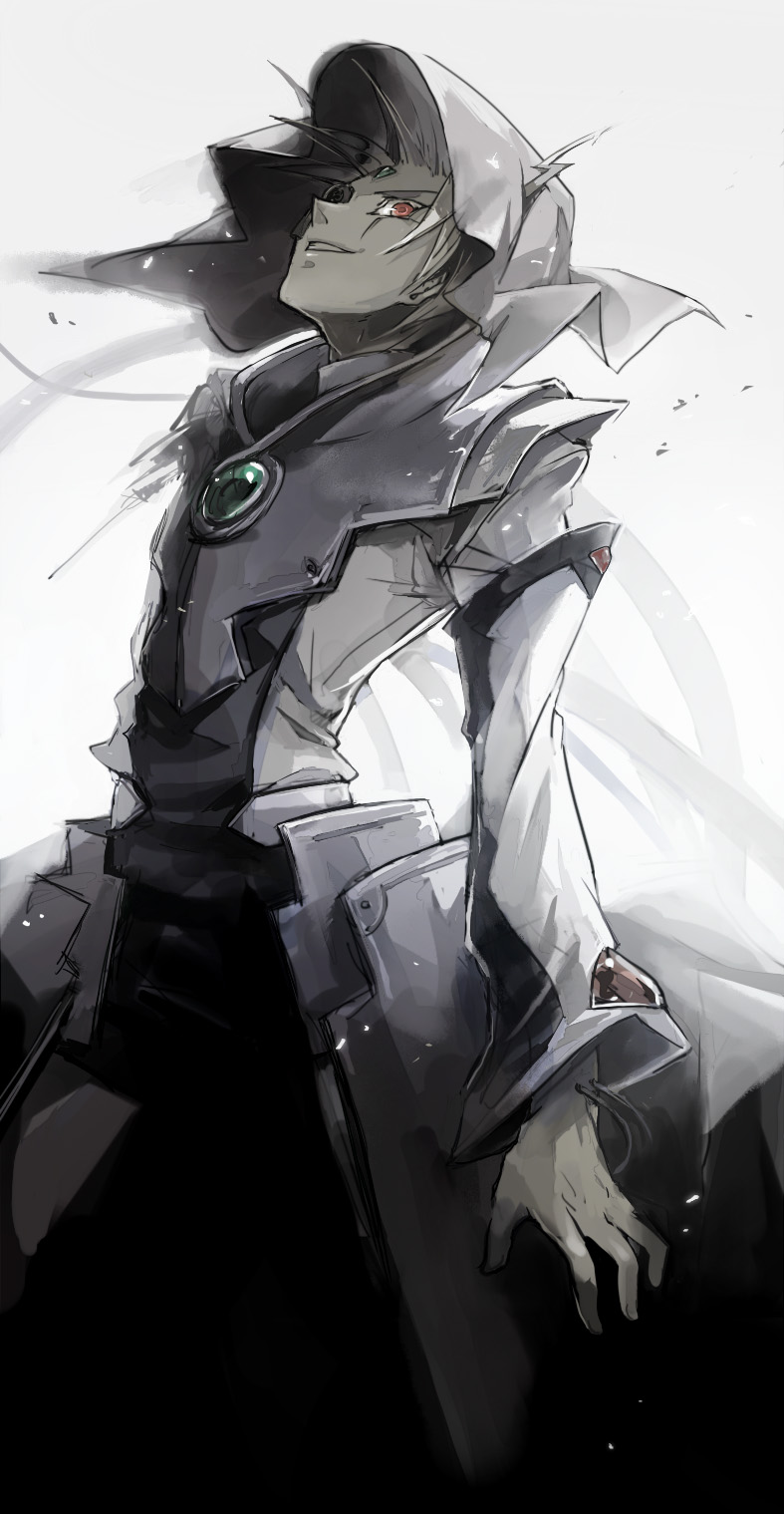 1boy armor arms_at_sides black_armor black_pants black_tunic cloak coat dappled_sunlight elbow_gloves facing_to_the_side gem gloves green_gemstone highres hood hood_up jacket leaning_back looking_at_viewer male_focus naka_deiko open_clothes open_jacket pants placido red-eye_effect red_gemstone single_mechanical_eye smile sunlight trench_coat tunic white_background white_cloak white_gloves white_hair white_hood wind yu-gi-oh! yu-gi-oh!_5d&#039;s