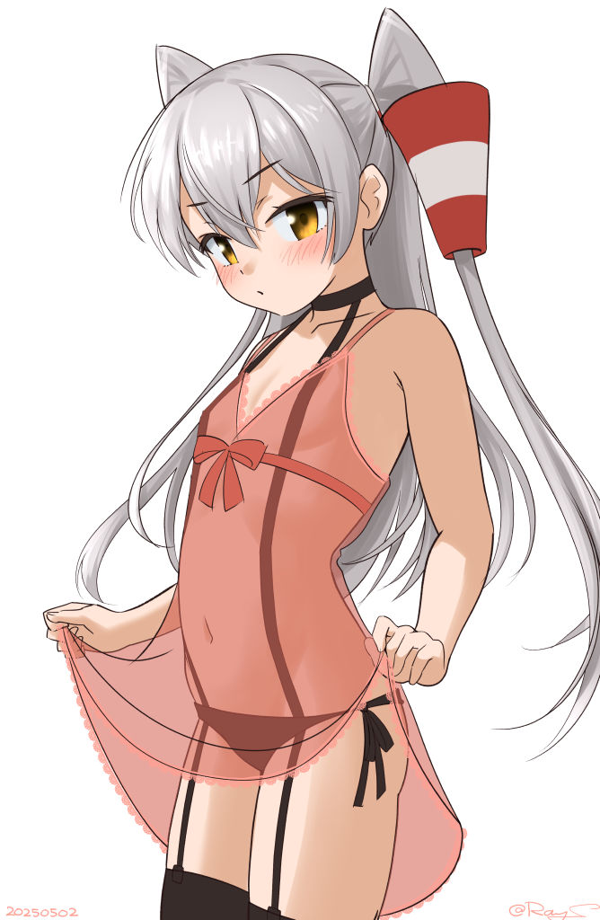 1girl amatsukaze_(kancolle) artist_name babydoll bare_shoulders black_choker black_panties black_thighhighs blush brown_eyes choker clothes_lift collarbone cowboy_shot flat_chest garter_straps grey_hair hair_between_eyes kantai_collection long_hair looking_at_viewer navel one-hour_drawing_challenge panties pink_babydoll ray.s see-through_babydoll see-through_clothes side-tie_panties simple_background solo standing thighhighs underwear white_background
