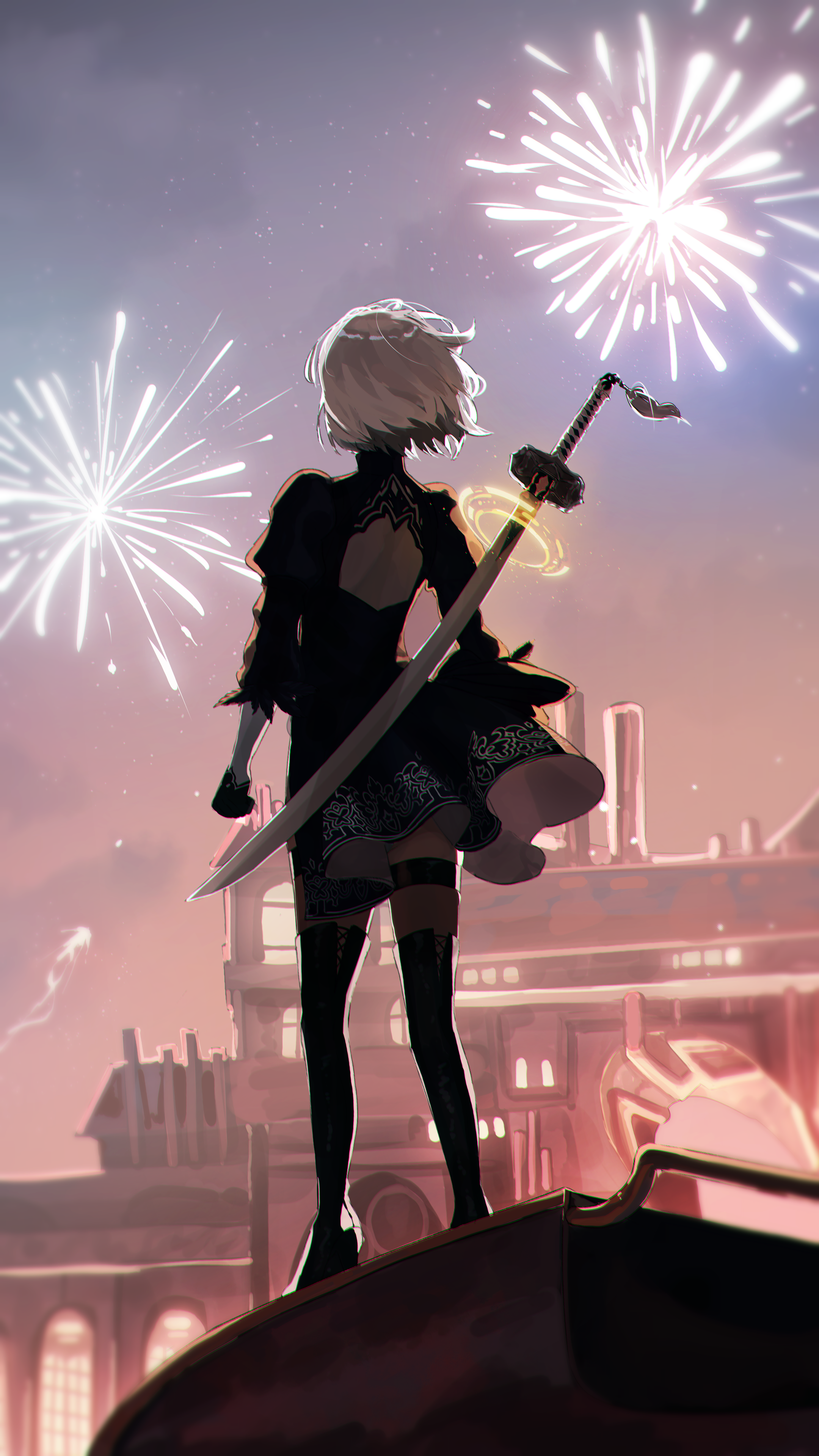 1girl 2b_(nier:automata) absurdres back_cutout black_boots black_dress black_gloves boots clenched_hand clothing_cutout dress fireworks floating floating_object floating_sword floating_weapon from_behind gloves high_heel_boots high_heels highres looking_up nier:automata nier_(series) panbalkon solo sword thigh_boots thigh_strap weapon white_hair